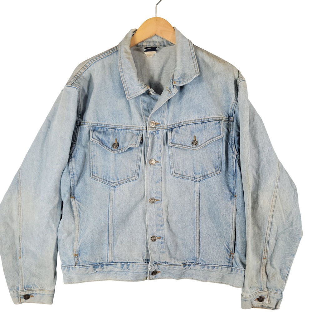 Vintage 90s Saugatuck Large 100% Cotton Denim Trucker Jacket Distressed Grunge